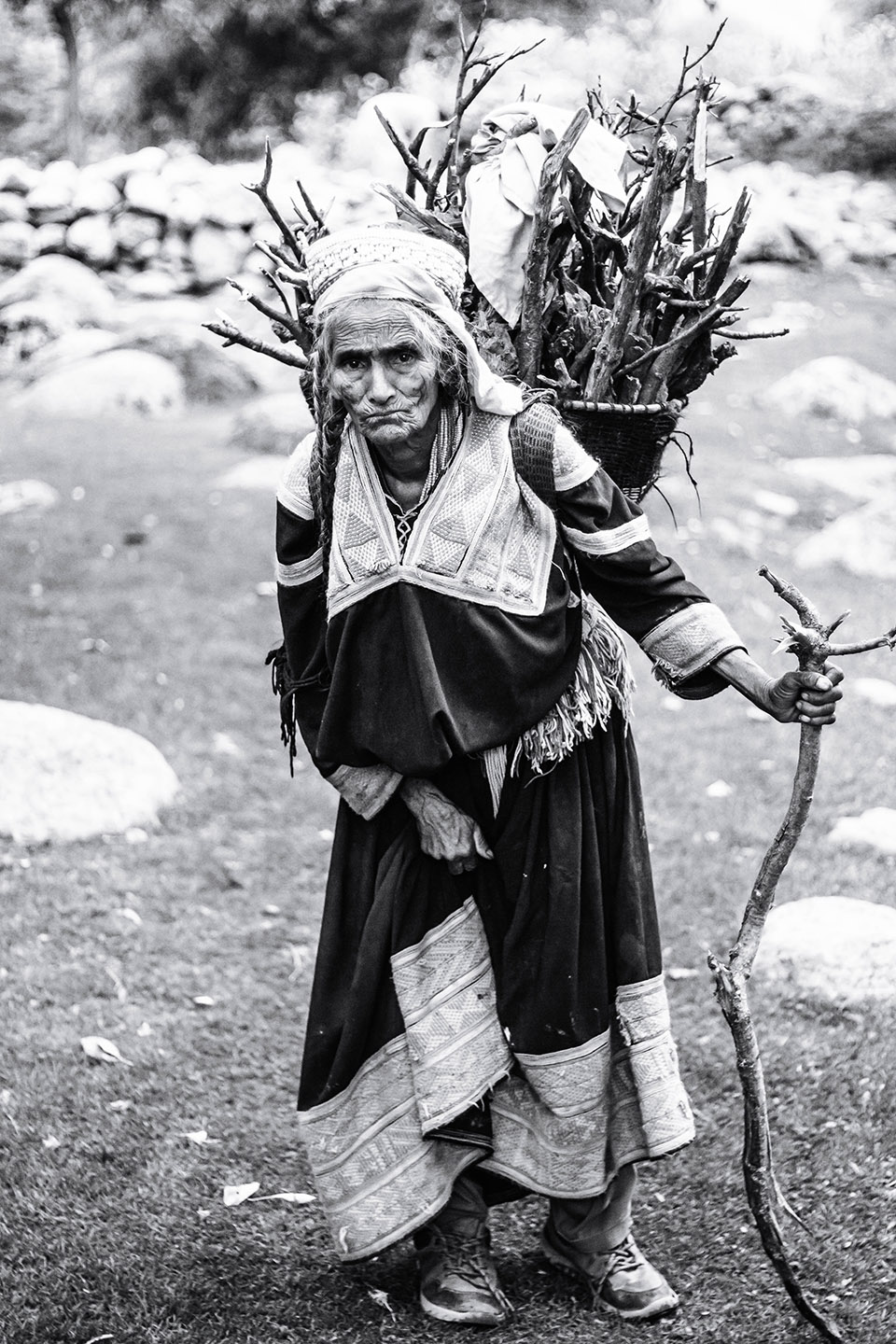 grayscale photography of woman carrying branches 3103375