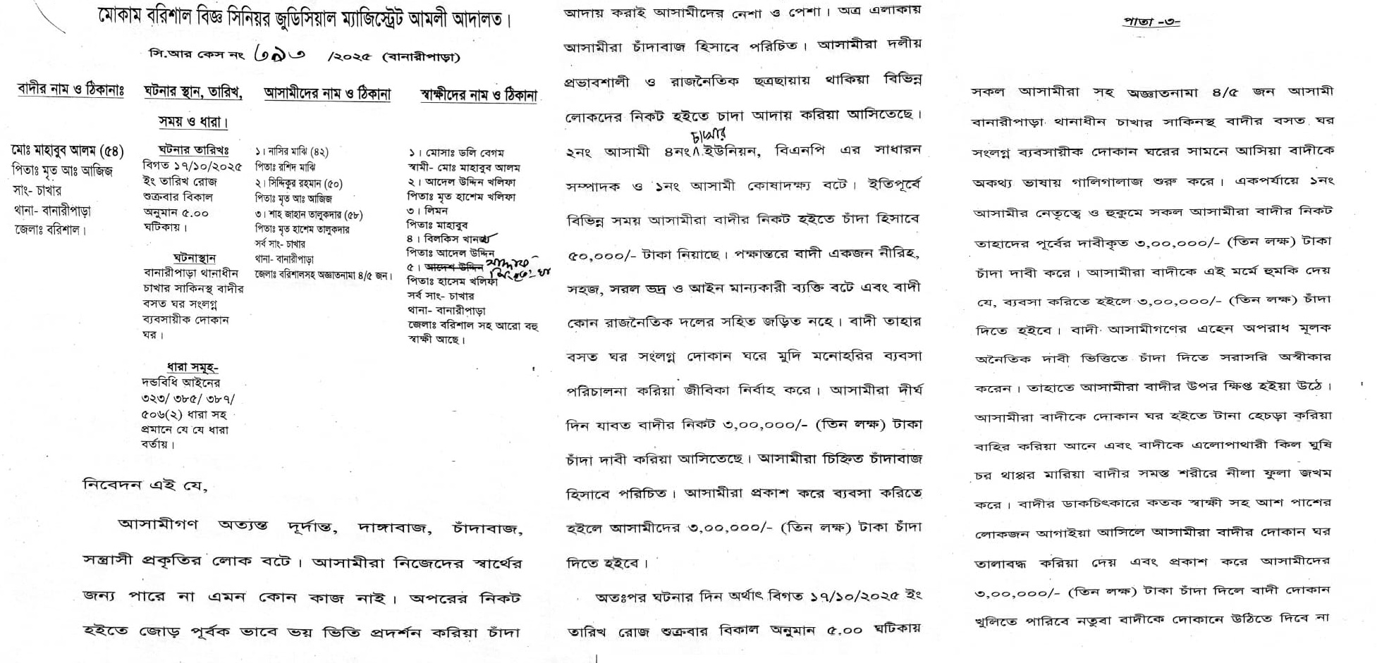 বানারীপাড়ায় তিন বিএনপি নেতার নামে চাদাঁবাজী মামলা 7 চাদাঁ না পেয়ে দোকানে তালা
